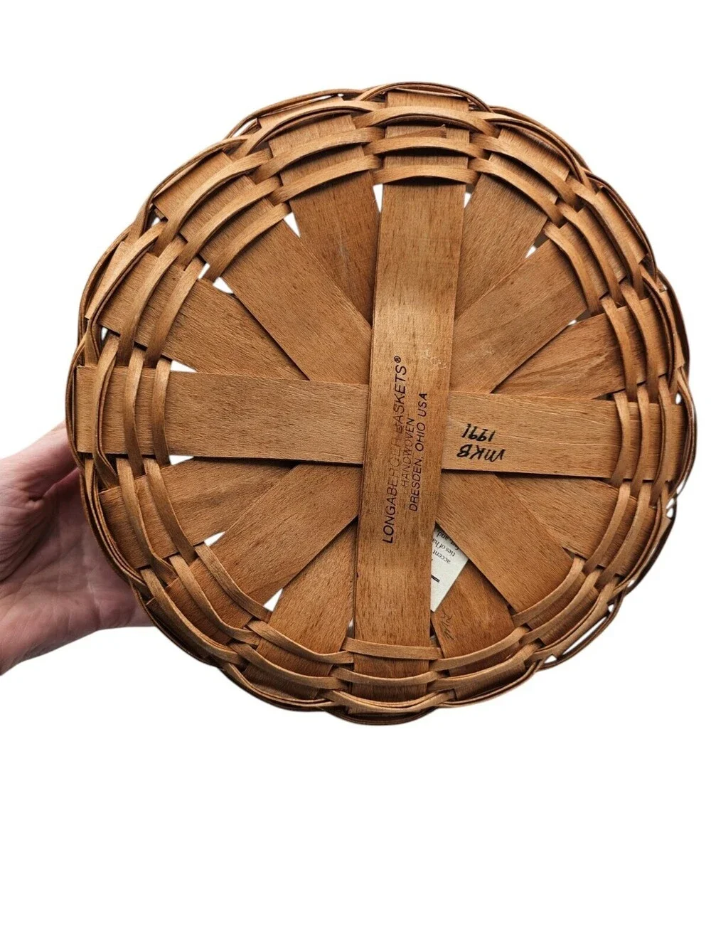 vintage Longaberger round darning basket with leather handles